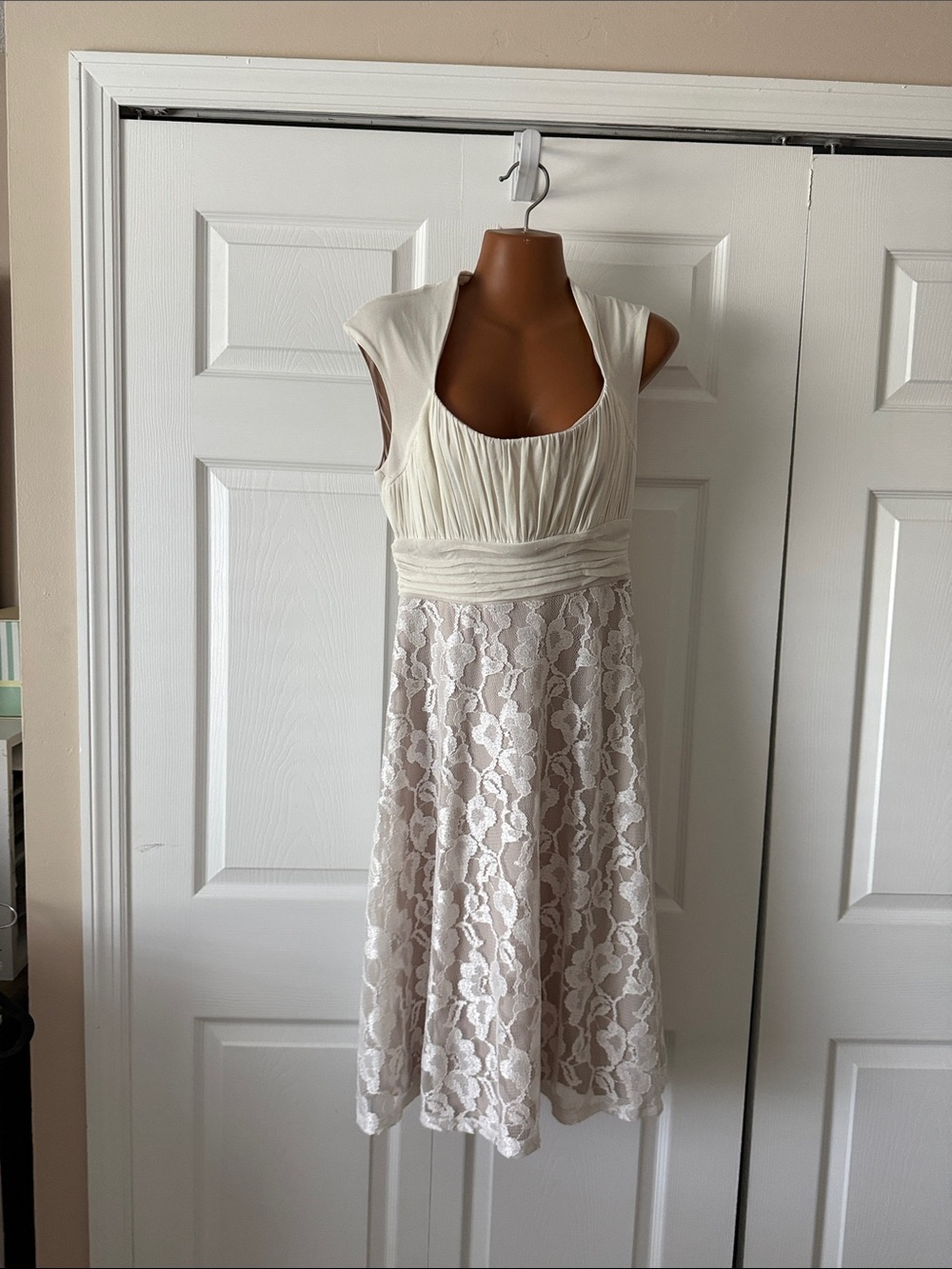 Signature by Sangria Dress with Lace Skirt and Ruched Top in Blush Taupe